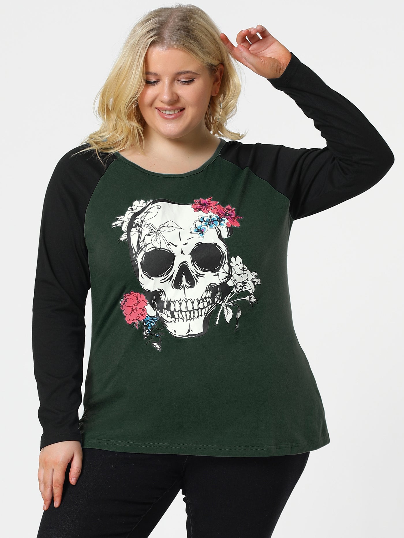 Bublédon Plus Size Tops Floral Skull Colorblock Raglan Long Sleeve Shirt