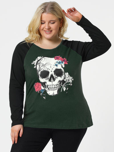 Plus Size Tops Floral Skull Colorblock Raglan Long Sleeve Shirt