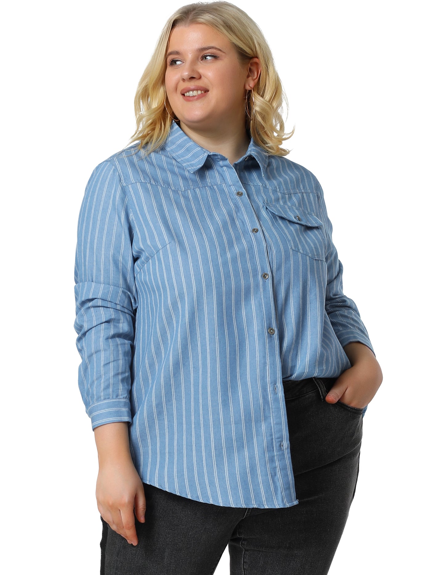 Bublédon Plus Size Long Sleeve Chest Pocket Denim Shirt