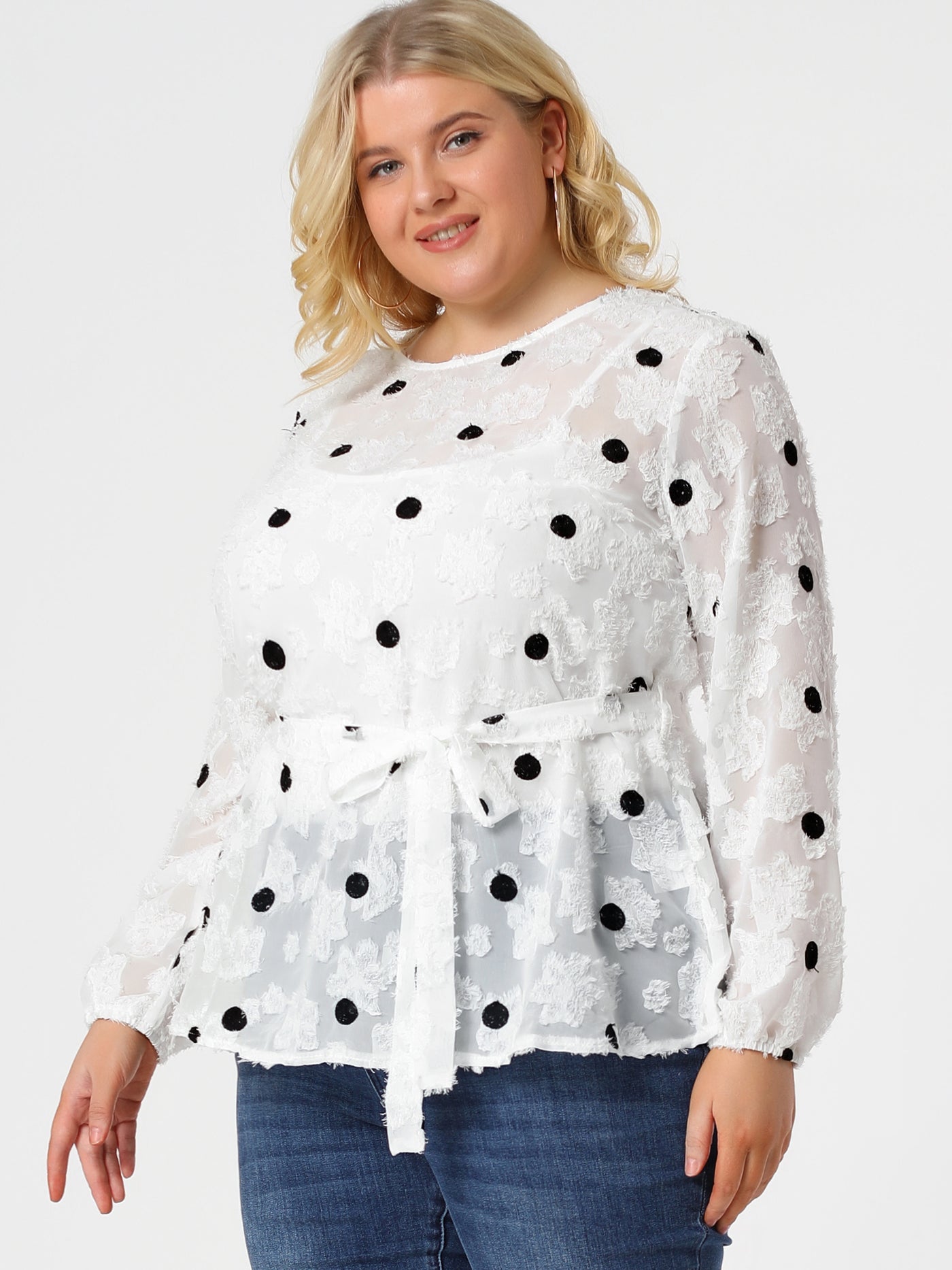 Bublédon Plus Size Belted Waisted Polka Dots Peplum Mesh Lace Top