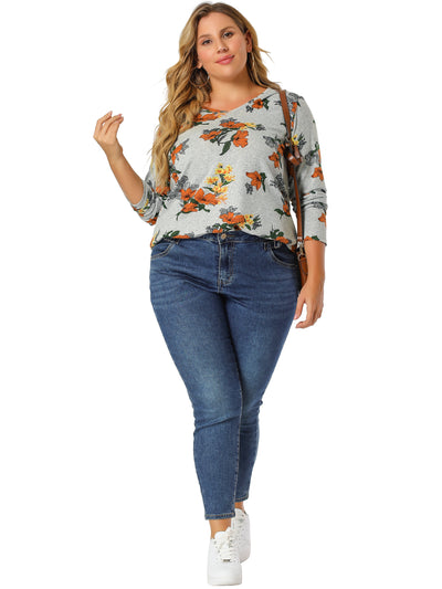 Knit Relax Fit Floral Printed V Neck Long Sleeve Shirt
