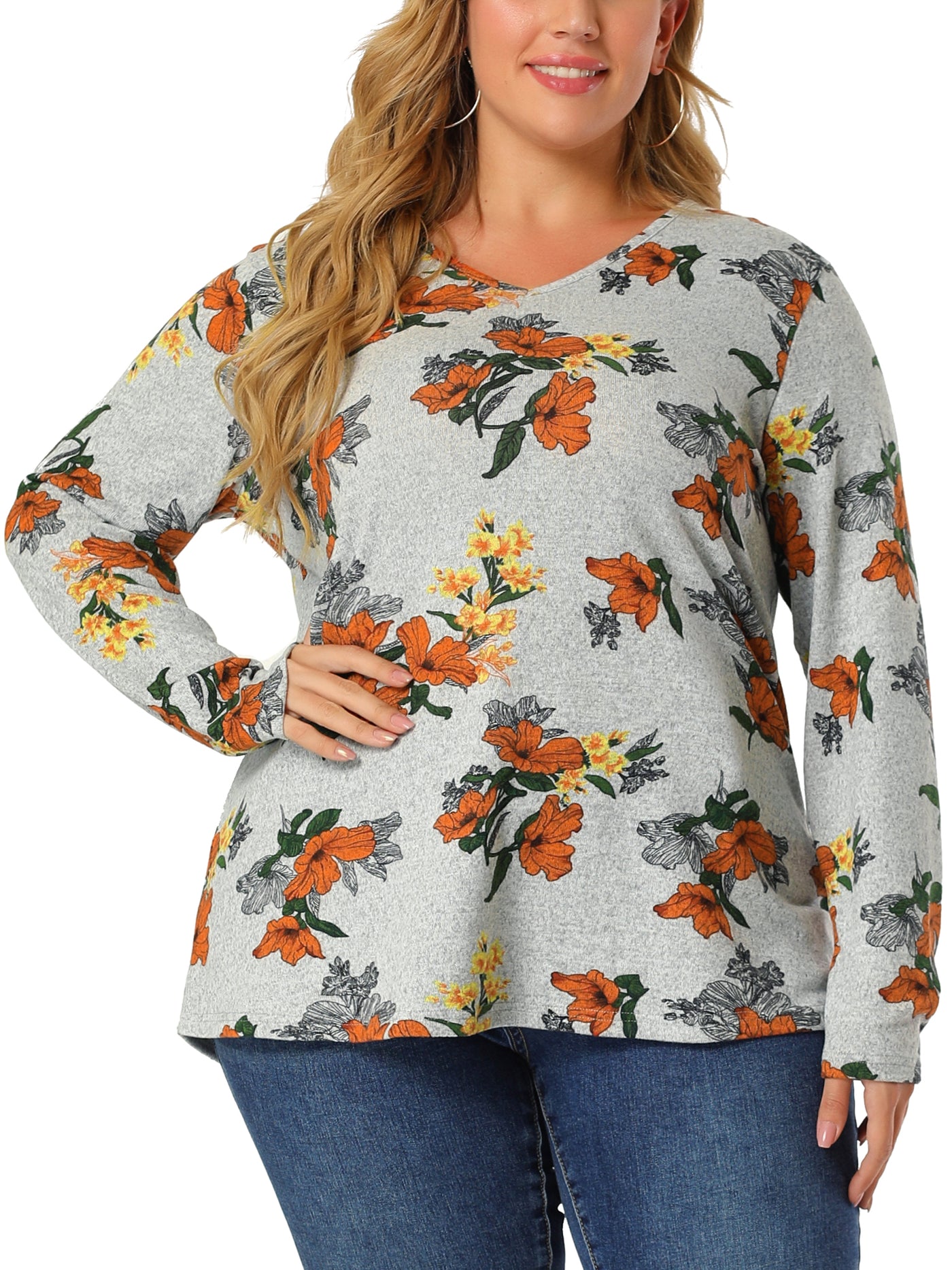 Bublédon Knit Relax Fit Floral Printed V Neck Long Sleeve Shirt