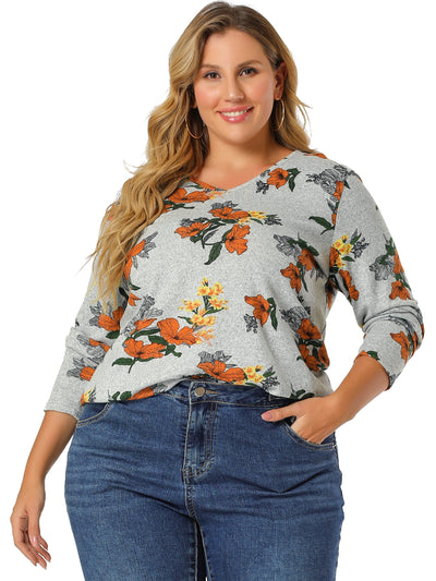 Knit Relax Fit Floral Printed V Neck Long Sleeve Shirt