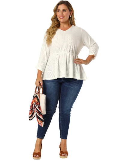 Plus Size Blouse 3/4 Ruched Sleeves Ruffle Peplum Blouses