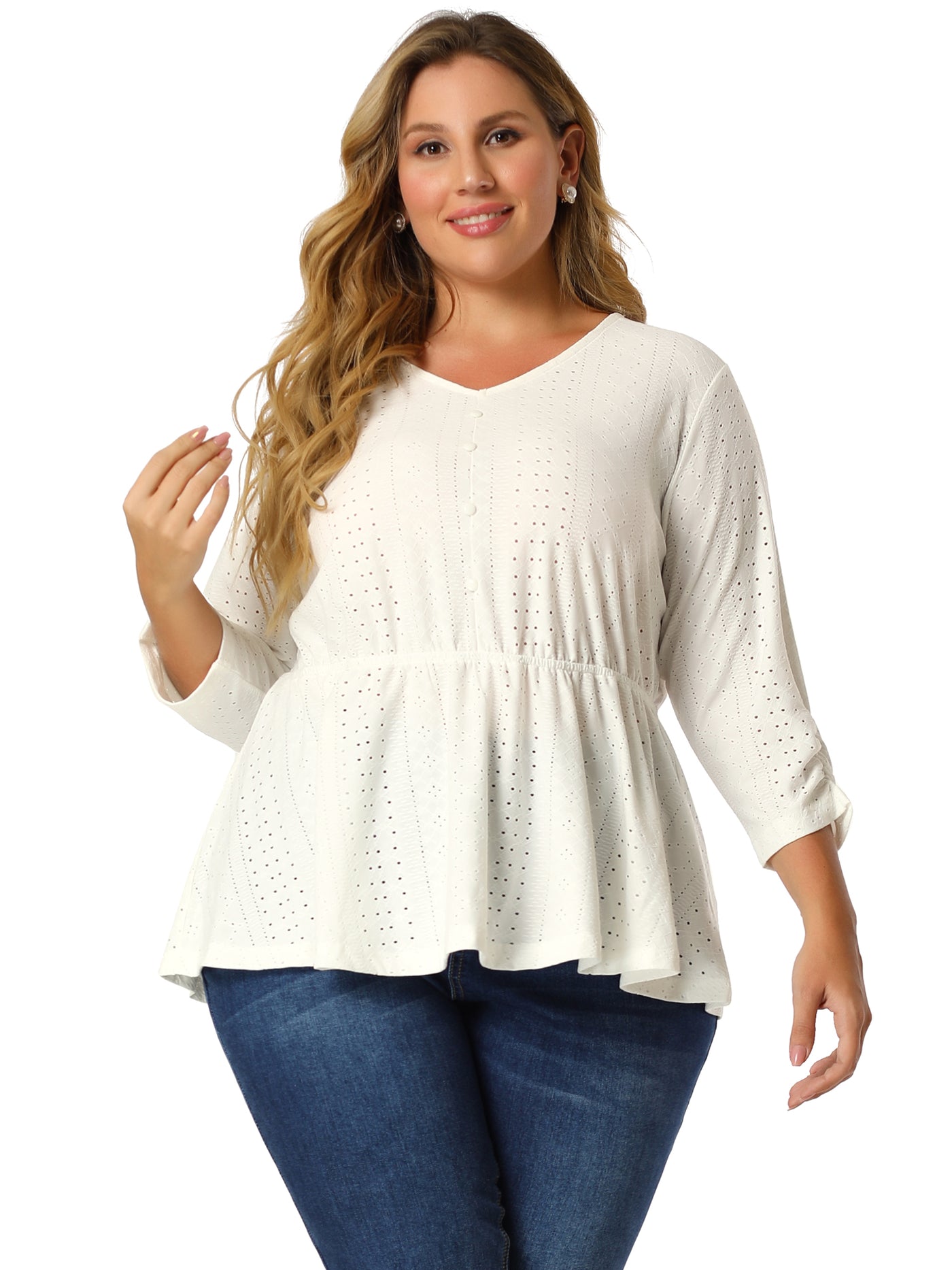 Bublédon Plus Size Blouse 3/4 Ruched Sleeves Ruffle Peplum Blouses