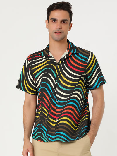 Colorful Print Button Short Sleeve Round Hem Shirts
