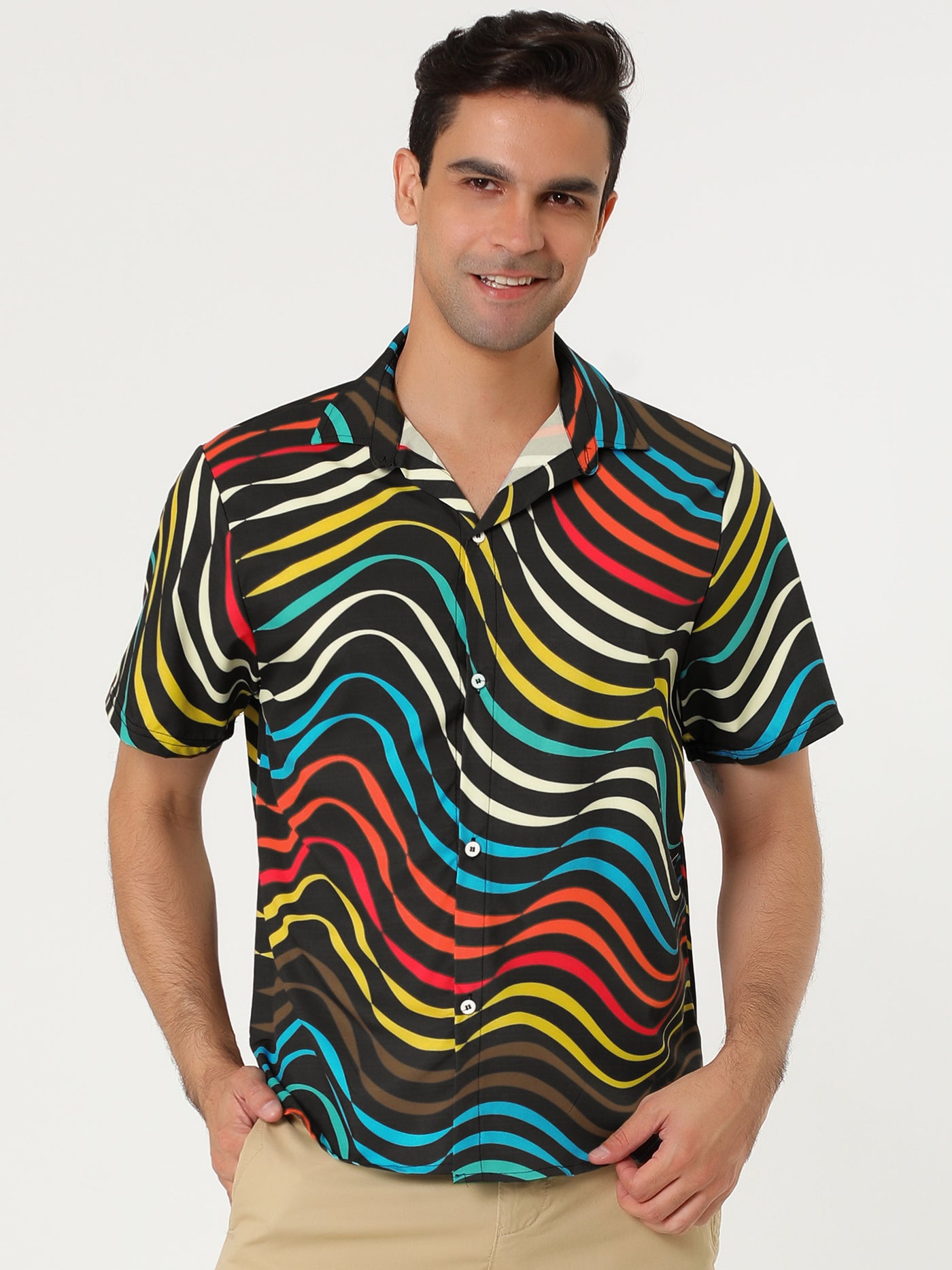 Bublédon Colorful Print Button Short Sleeve Round Hem Shirts