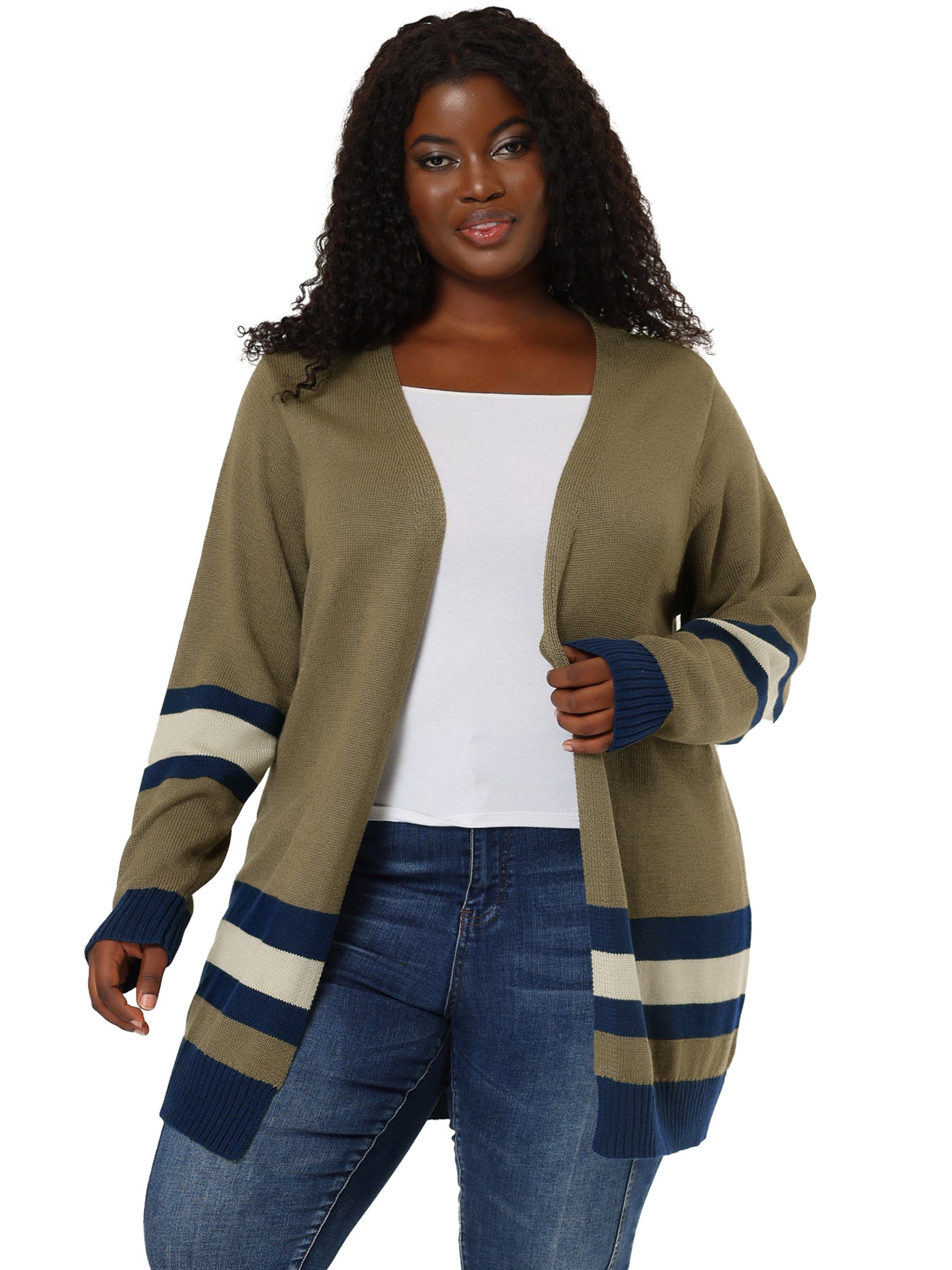 Bublédon Women's Plus Size Striped Open Front Sweater Cardigan