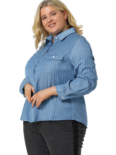 Women's Plus Size Long Sleeve Chest Pocket Chambray Shirt