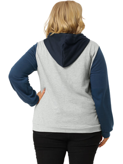 Plus Size Casual Hood Color Block Zip Up Hoodie Jacket
