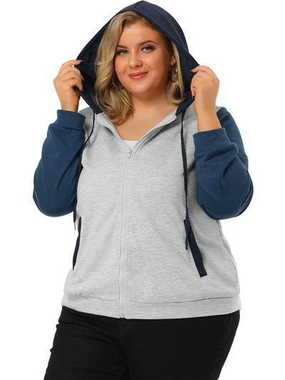 Plus Size Casual Hood Color Block Zip Up Hoodie Jacket