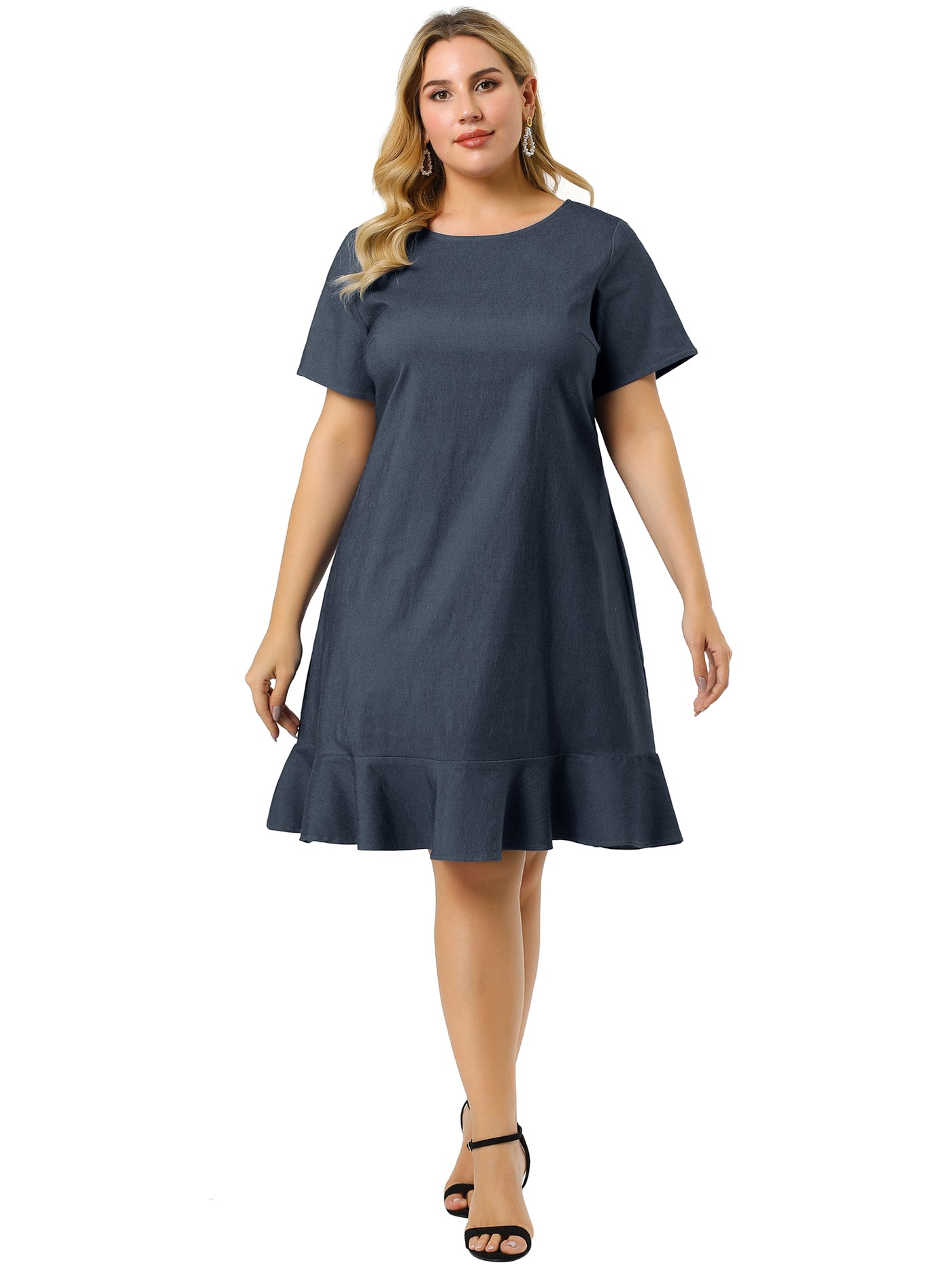Bublédon Basic Solid Short Sleeve Ruffle Hem Plus Size Dress