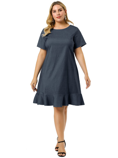 Basic Solid Short Sleeve Ruffle Hem Plus Size Dress