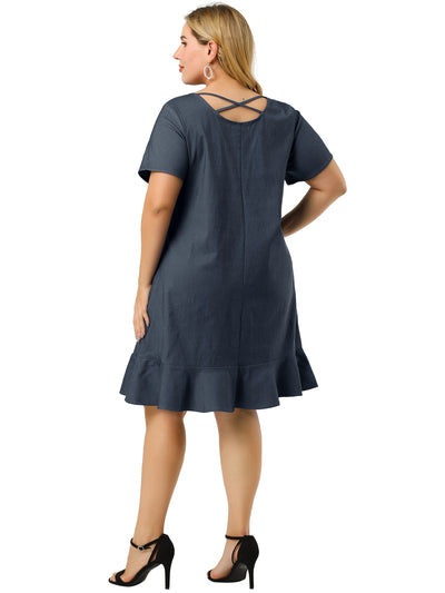 Basic Solid Short Sleeve Ruffle Hem Plus Size Dress