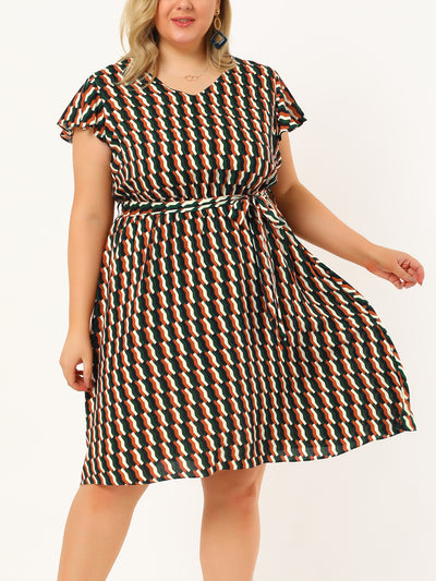 Casual Rayon V Neck Printed Belted Plus Size Dress