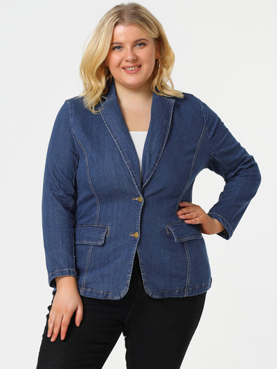 Women's Plus Size Denim Jacket Notched Lapel Color Block Stretch Blazer