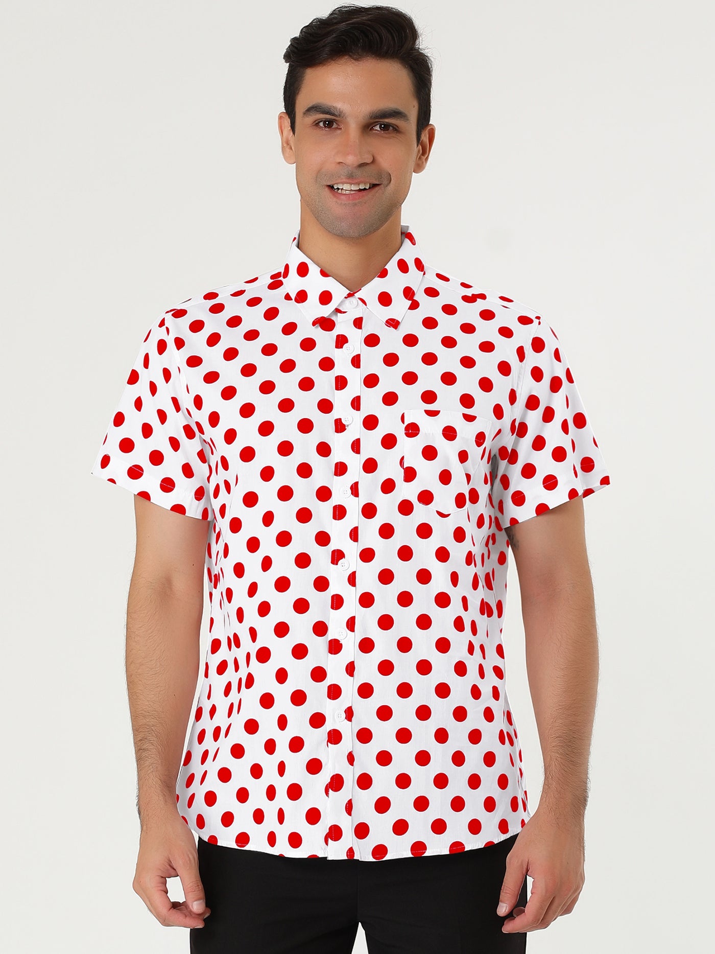 Bublédon Cotton Lapel Short Sleeve Polka Dot Button Shirt