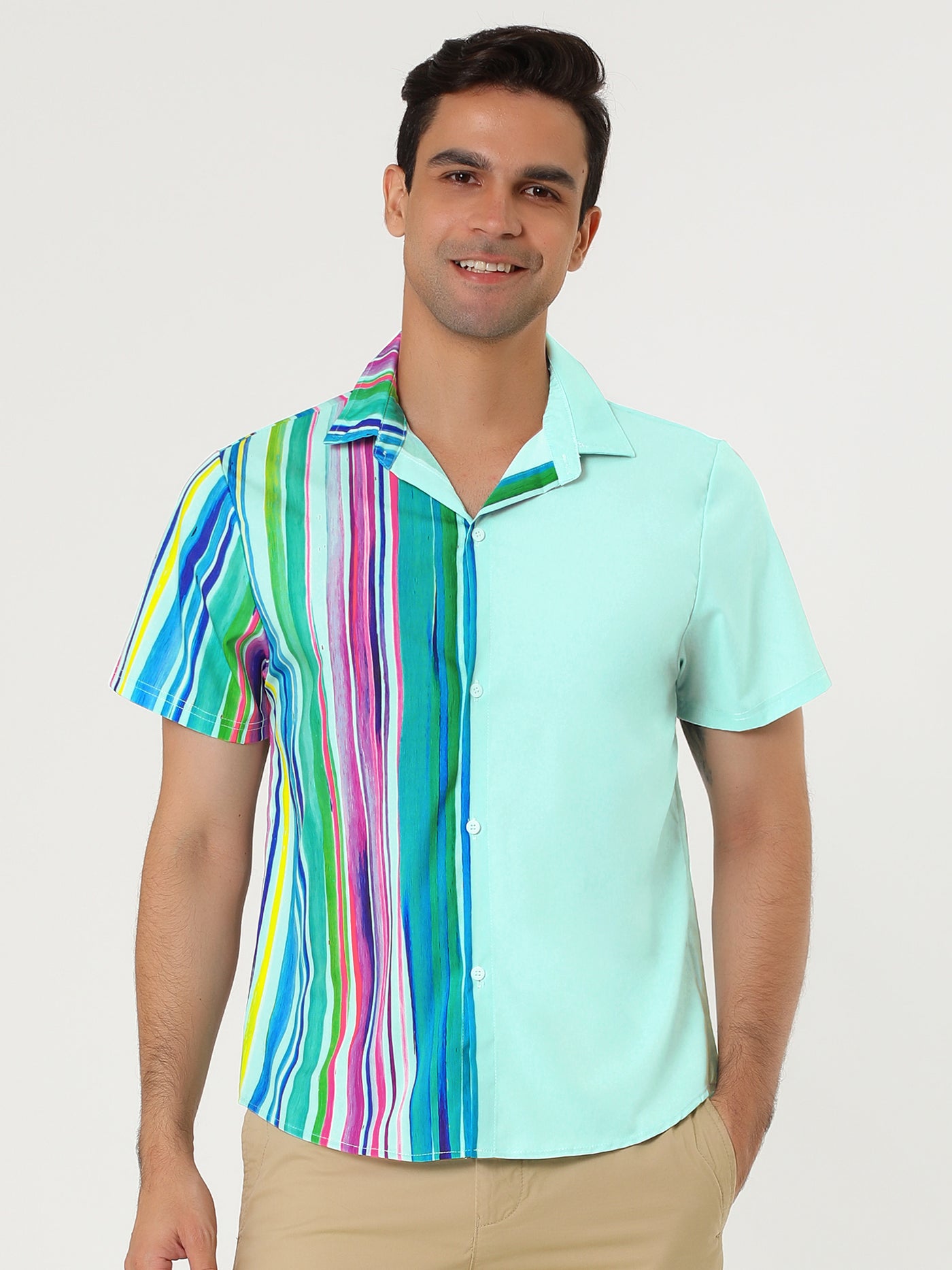 Bublédon Summer Vertical Stripe Patchwork Lapel Button Shirts