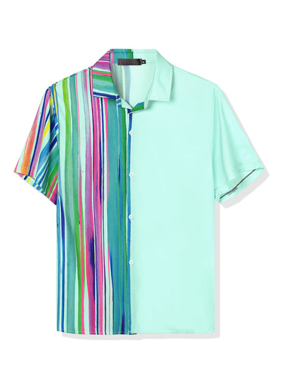 Summer Vertical Stripe Patchwork Lapel Button Shirts