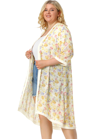 Plus Size Floral Printed Contrast Panel Chiffon Cardigans