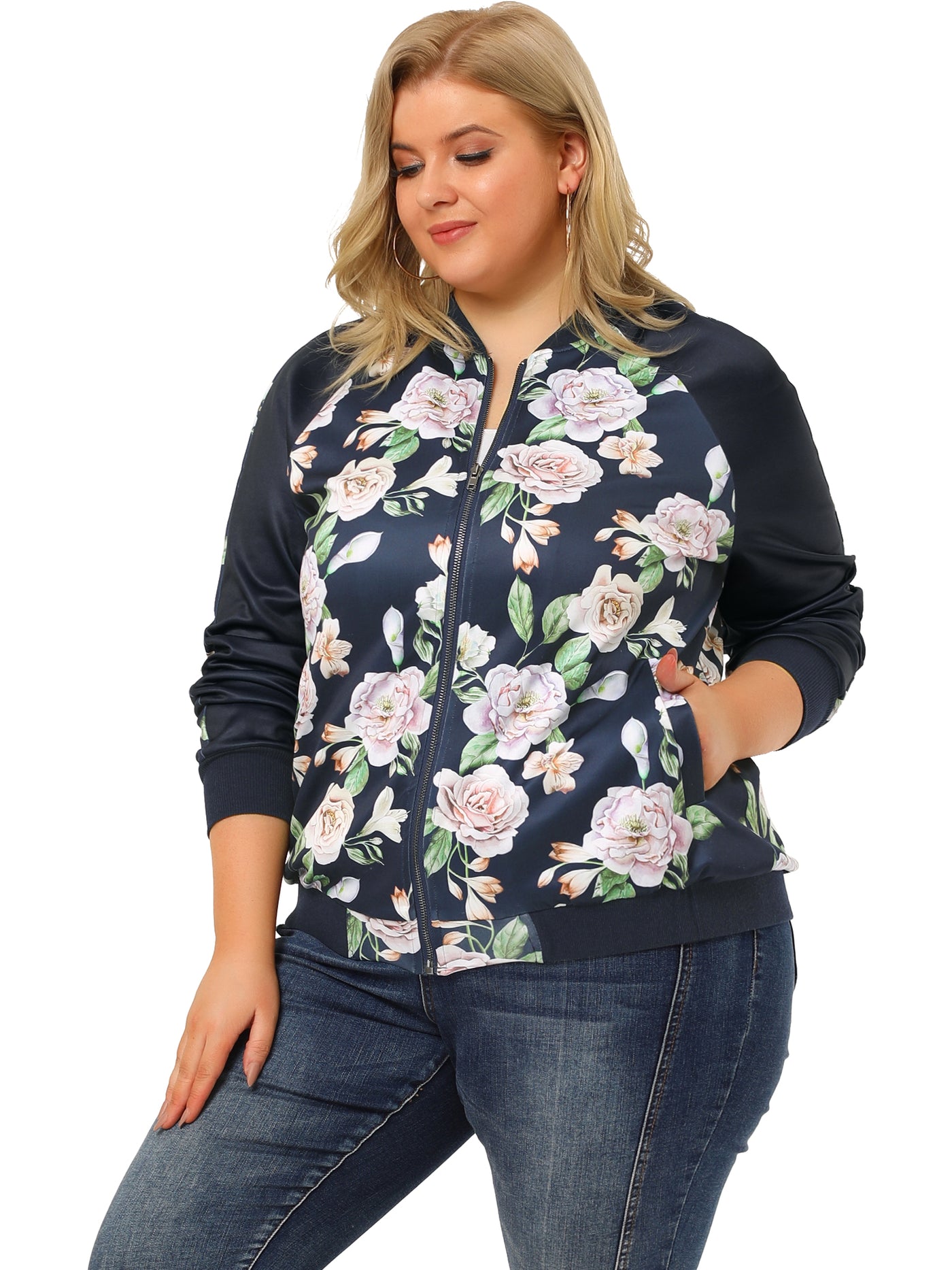 Bublédon Women's Plus Size Zipper Raglan Sleeves Floral Bomber Jacket