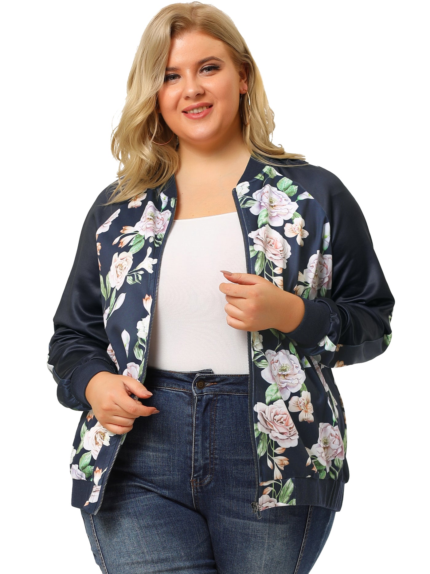 Bublédon Women's Plus Size Zipper Raglan Sleeves Floral Bomber Jacket