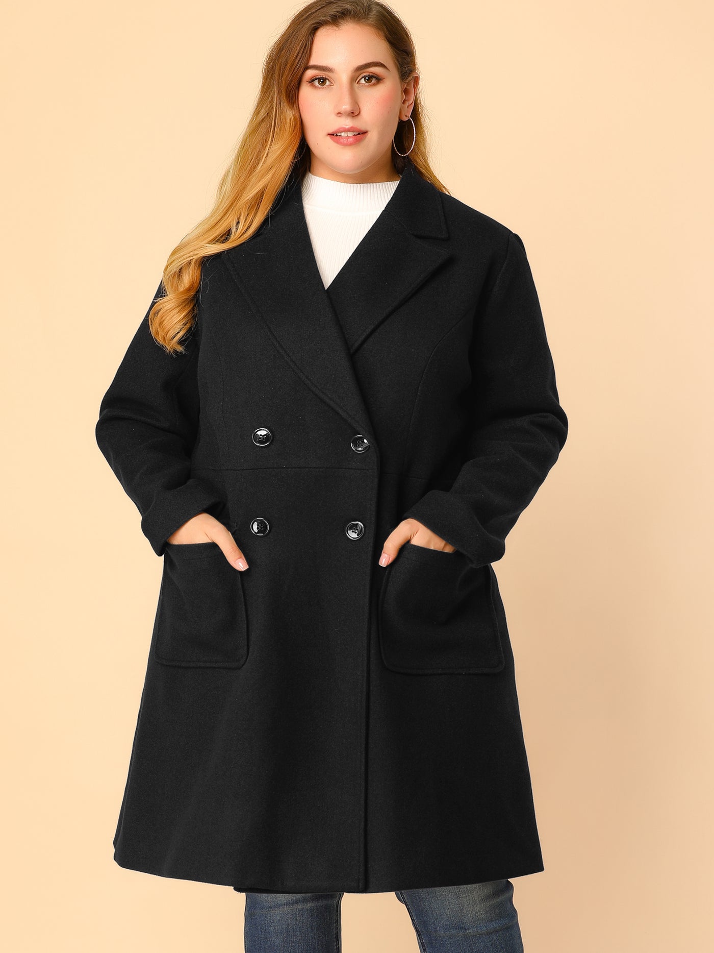 Bublédon Plus Size Notched Lapel Double Breasted Winter Long Coat