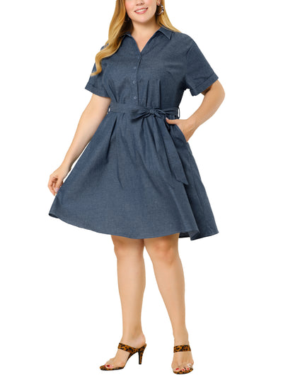 Casual Wrap Belted Lapel Chambray Plus Size Dress