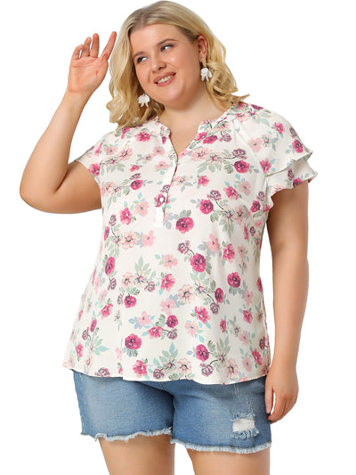 Plus Size Floral Printed Ruffle Trim V Neck Layered Blouse
