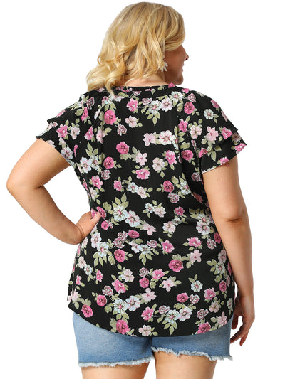 Plus Size Floral Printed Ruffle Trim V Neck Layered Blouse