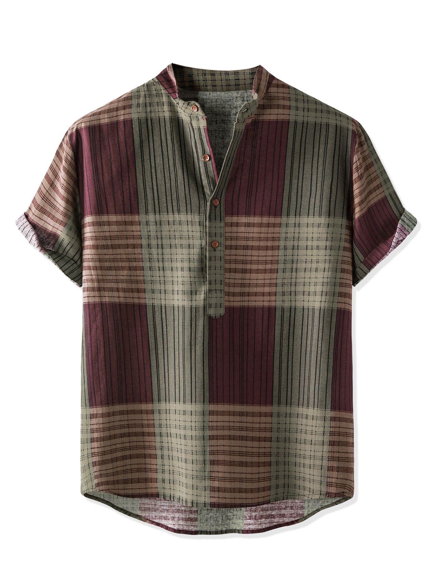 Bublédon Linen Short Sleeve Button Color Block Henley Shirts