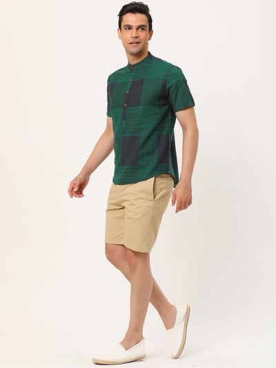 Linen Short Sleeve Button Color Block Henley Shirts