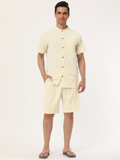 Casual Linen Band Collar Short Sleeve Solid Set