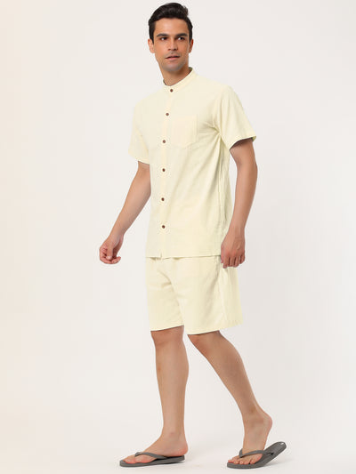 Casual Linen Band Collar Short Sleeve Solid Set
