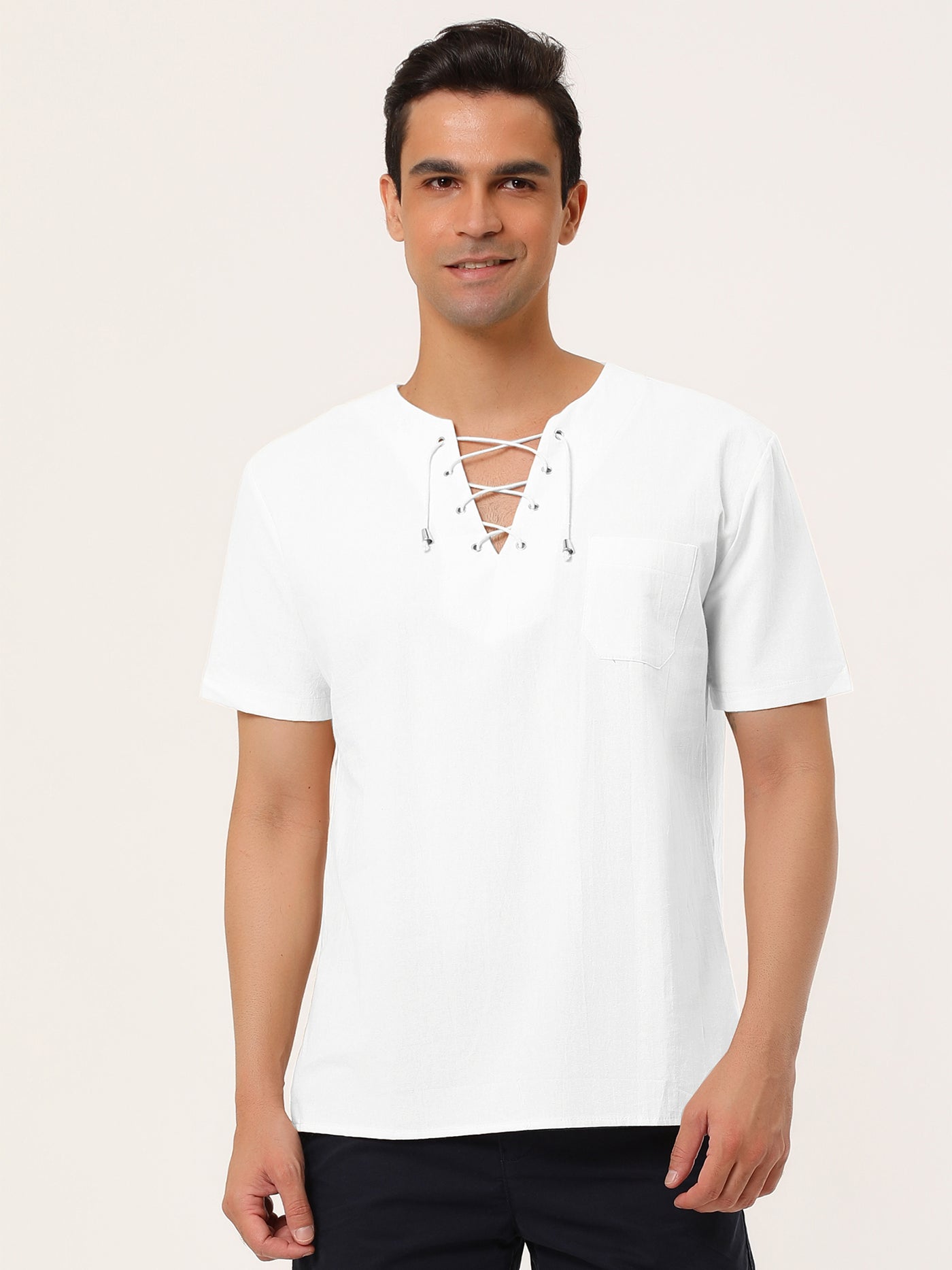 Bublédon Linen V-Neck Lace Up Solid Color Short Sleeve Shirt