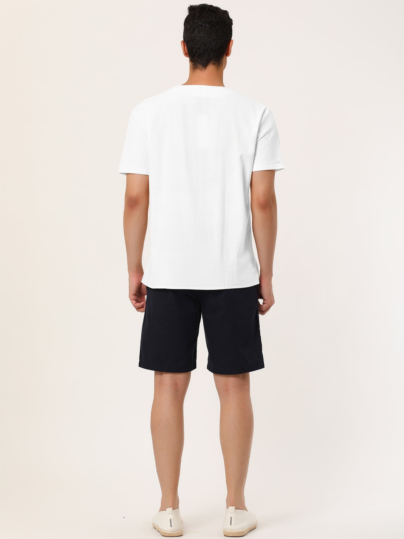 Bublédon Linen V-Neck Lace Up Solid Color Short Sleeve Shirt