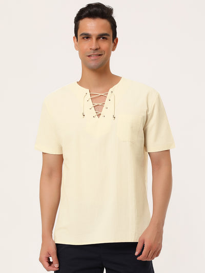 Linen V-Neck Lace Up Solid Color Short Sleeve Shirt