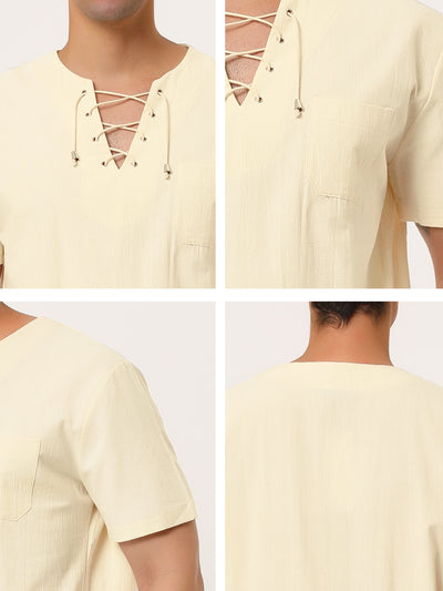 Linen V-Neck Lace Up Solid Color Short Sleeve Shirt