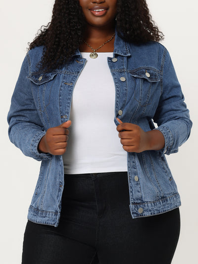 Women Plus Size Stitching Button Front Washed Denim Jacket