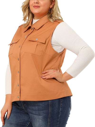 Plus Size Anorak Jacket Button Front Sleeveless Utility Vest