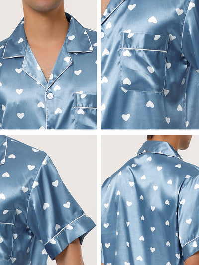 Short Sleeve Satin Cute Heart Printed Pajamas Set
