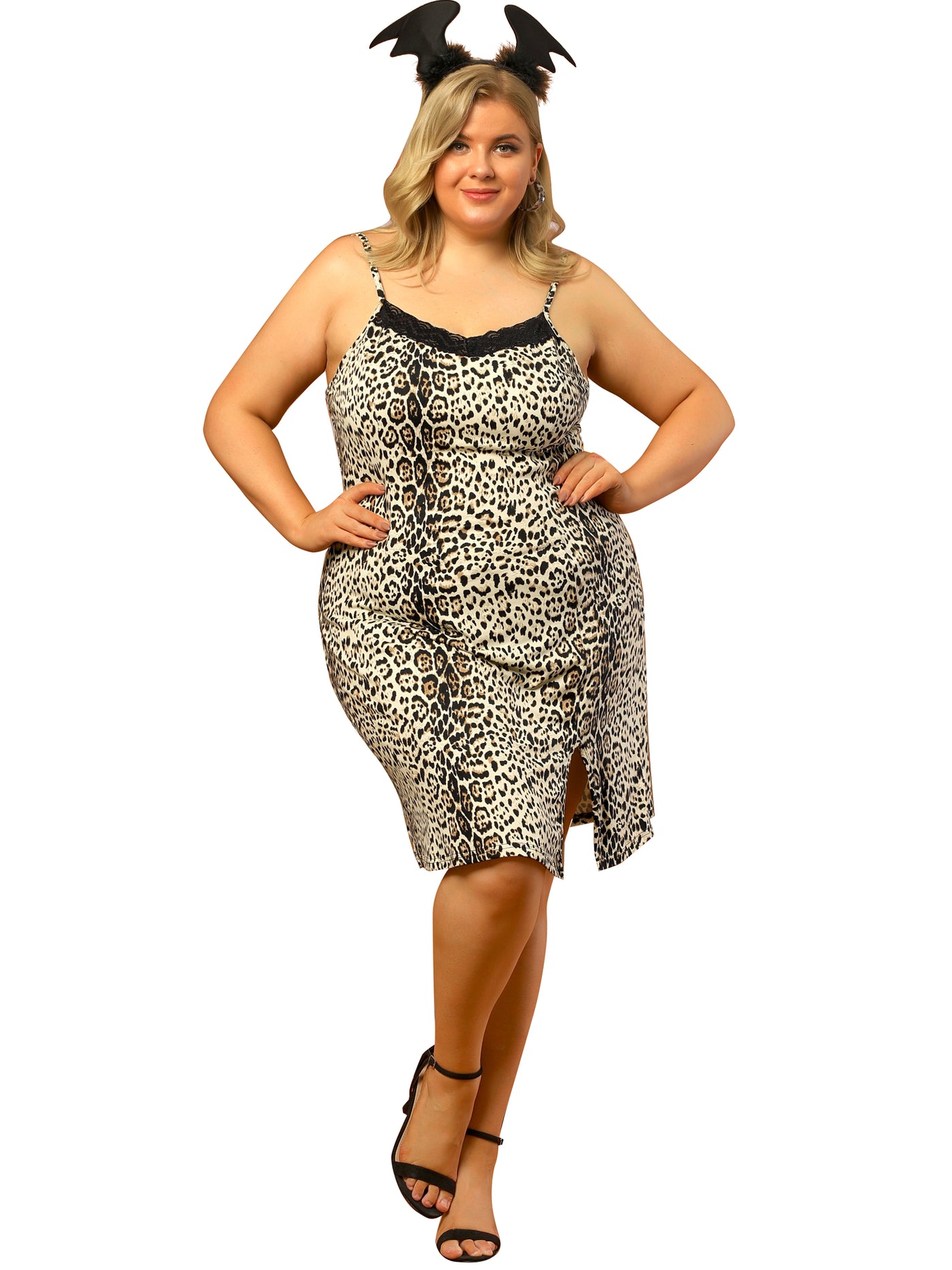 Bublédon Split Leopard Printed Plus Size Camisole Short Dress