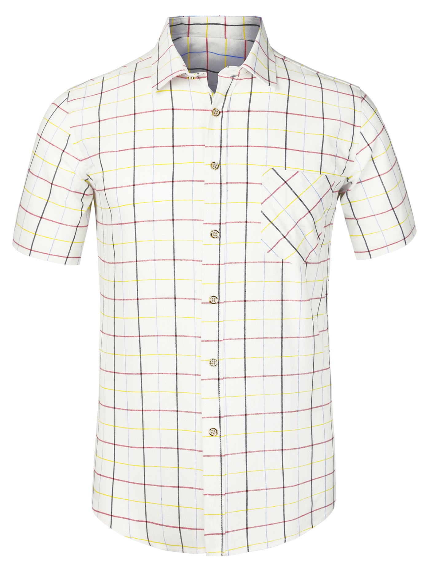Bublédon Plaid Short Sleeve Casual Button Point Collar Dress Shirts