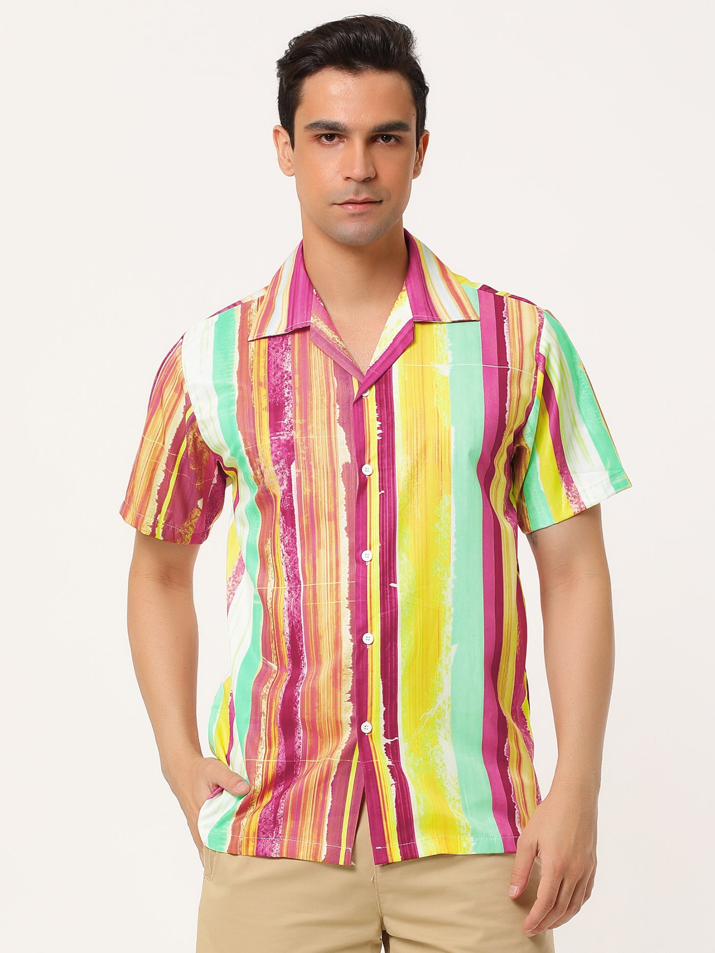 Bublédon Summer Stripe Printed Short Sleeve Button Shirts