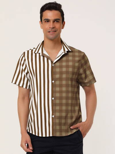 Contrast Color Short Sleeve Button Striped Plaid Shirt