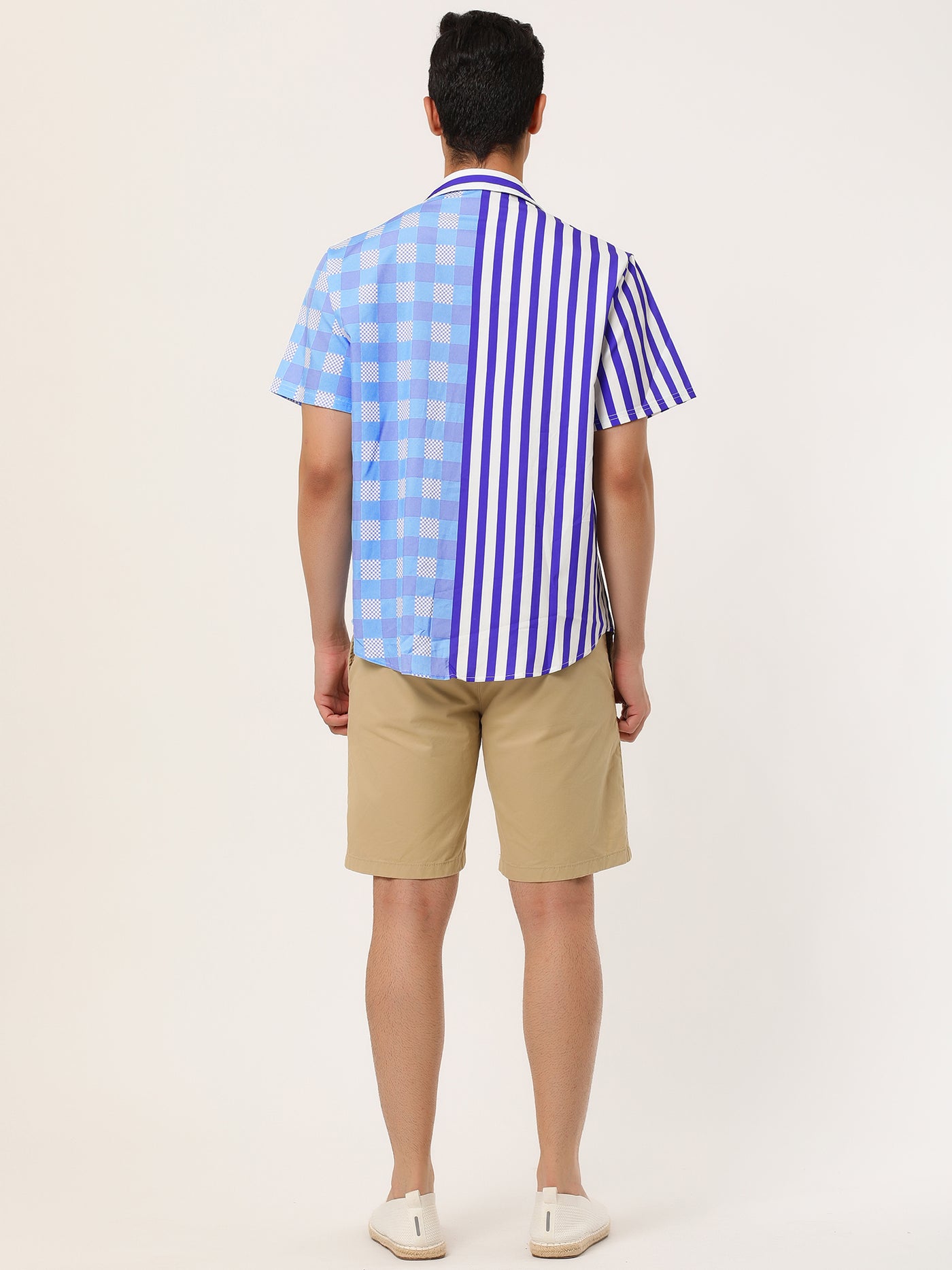 Bublédon Contrast Color Short Sleeve Button Striped Plaid Shirt