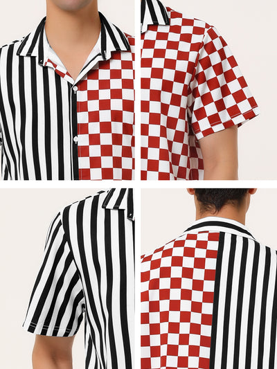 Contrast Color Short Sleeve Button Striped Plaid Shirt