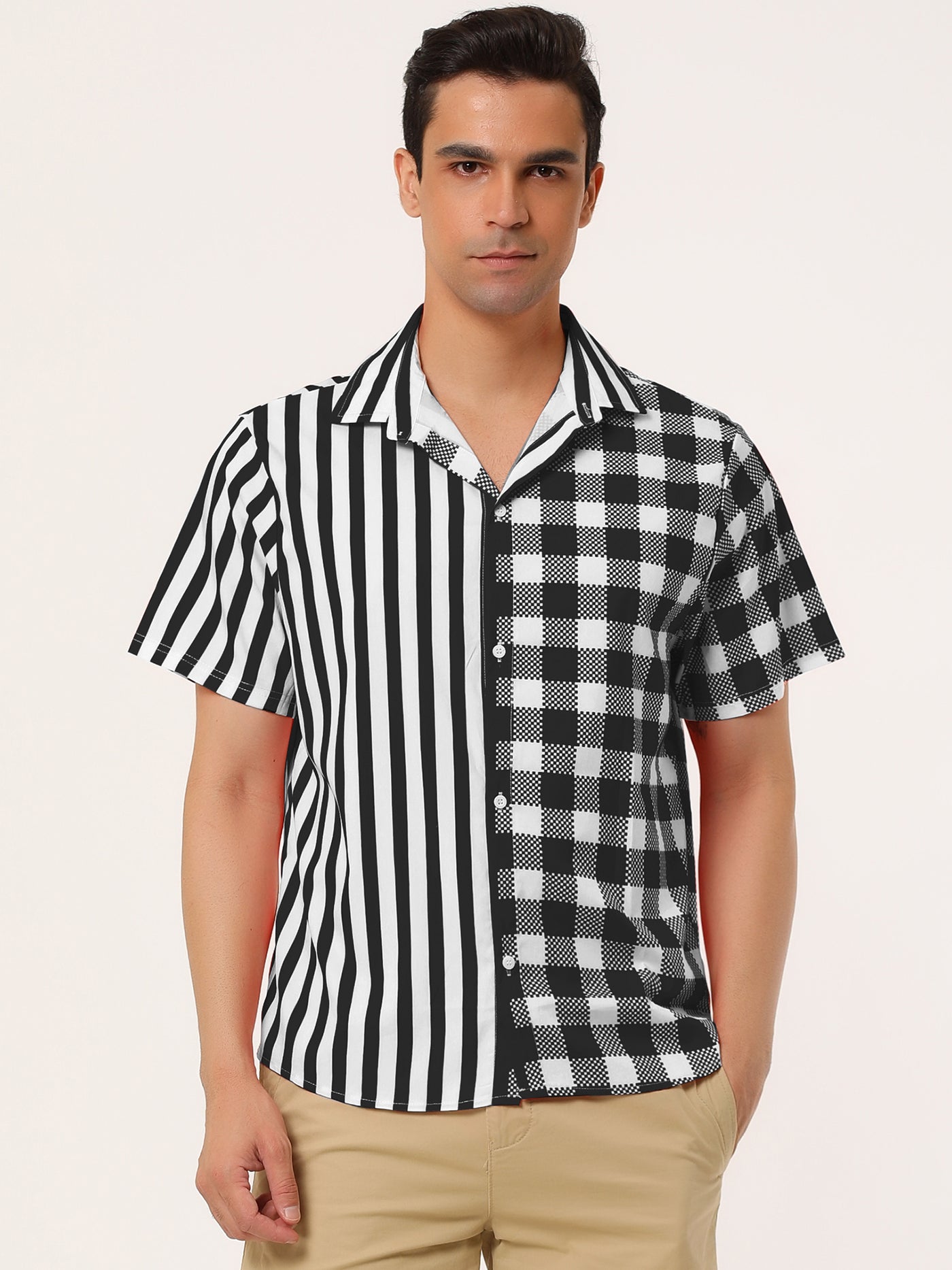 Bublédon Contrast Color Short Sleeve Button Striped Plaid Shirt