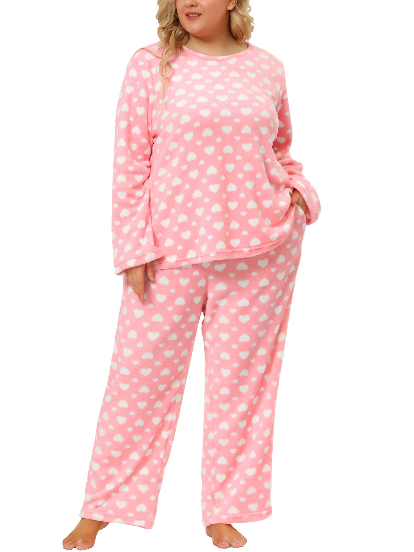 Bublédon Plus Size Long Sleeve Sweet Heart Print Pajamas Set