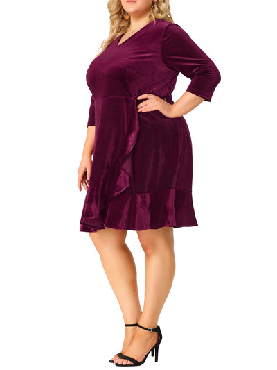 Plus Size Velvet V Neck 3/4 Sleeve Ruffle Wrap Dress